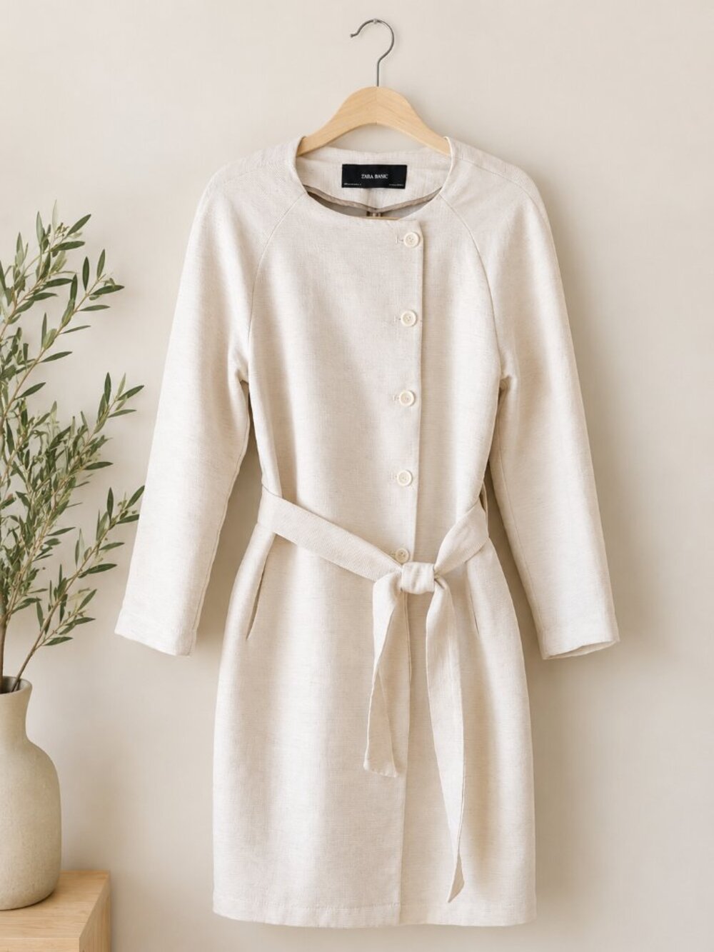 Zara Basic Ivory Belted Textured Coat Dress Jacket Size M